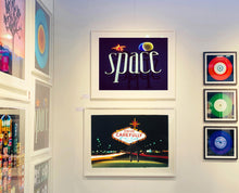 Load image into Gallery viewer, 'Space', features neon lettering against an inky blue sky. The subject is a roadside sign taken in Ibiza during the final year of the iconic super club.