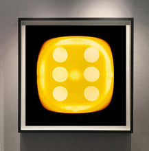 Load image into Gallery viewer, 'Yellow Six', from Heidler & Heeps Dice Series, a yellow dice suspended on a black background.