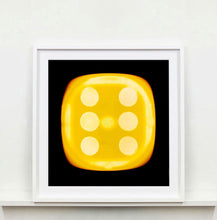 Load image into Gallery viewer, 'Yellow Six', from Heidler & Heeps Dice Series, a yellow dice suspended on a black background.