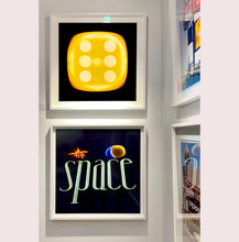 Load image into Gallery viewer, 'Yellow Six', from Heidler & Heeps Dice Series, a yellow dice suspended on a black background.
