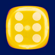 Load image into Gallery viewer, From Heidler & Heeps Dice Series, a yellow dice suspended on an inky blue background.