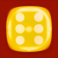 Load image into Gallery viewer, From Heidler & Heeps Dice Series, a yellow dice suspended on a red background.
