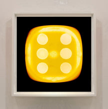 Load image into Gallery viewer, 'Yellow Six', from Heidler & Heeps Dice Series, a yellow dice suspended on a black background.