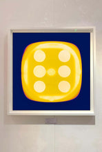 Load image into Gallery viewer, From Heidler & Heeps Dice Series, a yellow dice suspended on an inky blue background.