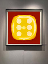 Load image into Gallery viewer, From Heidler & Heeps Dice Series, a yellow dice suspended on a red background.