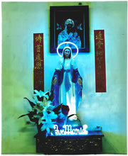 Load image into Gallery viewer, Photograph by Richard Heeps. Ave Maria, with a neon halo and name &#39;Ave Maria&#39; at her feet. The neon tones the photo in green and blue.
