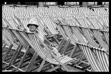 Load image into Gallery viewer, Eastbourne bandstand deckchairs black and white vintage portrait photograph by Samuel Field