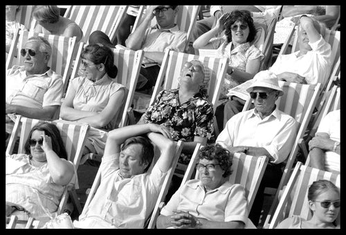 Eastbourne bandstand deckchairs black and white vintage portrait photograph by Samuel Field