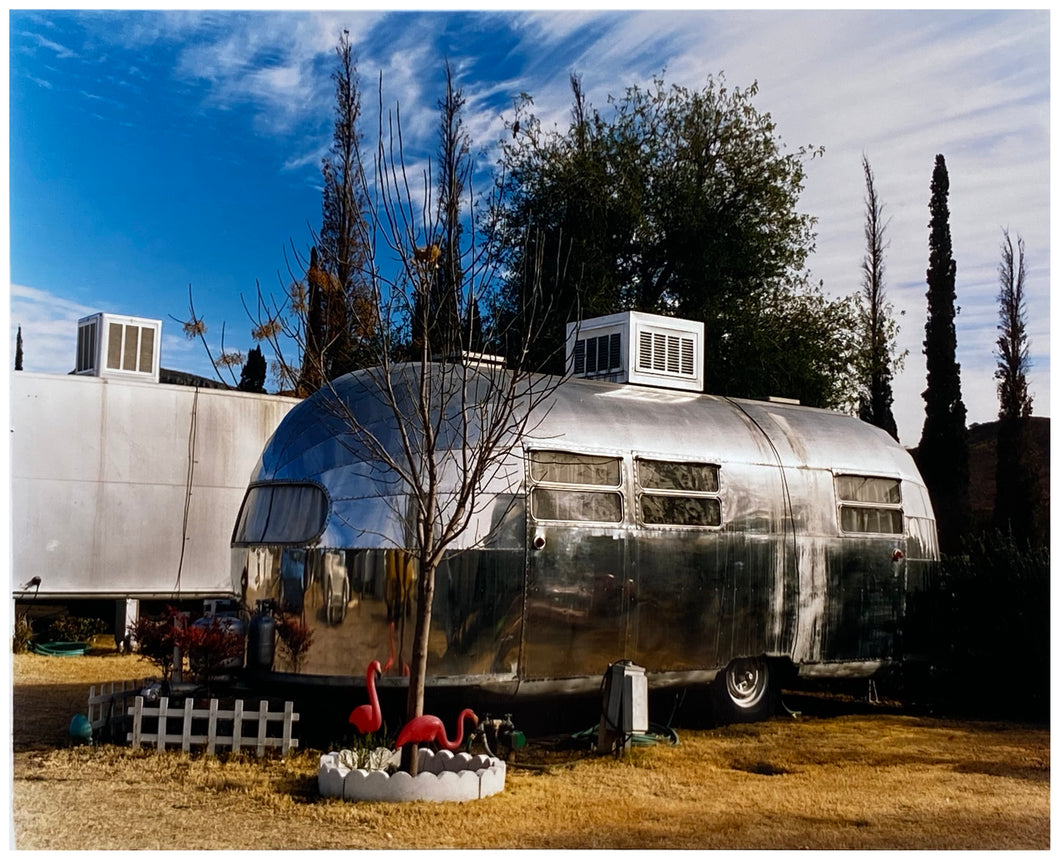 Photograph by Richard Heeps. An aluminum airstream RV is surrounded by blue sky and parched grass. In front of the trailer sits a leafless tree with two red plastic flamingos at the trees base. 