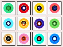Load image into Gallery viewer, Photograph by Heidler and Heeps. 12 photographs of colourful vinyls in black frames. These are set out horizontally in a 4 x 3 format.