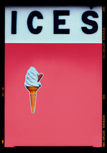 Load image into Gallery viewer, Photograph by Richard Heeps.  Black letters spell out ICES and below is depicted a 99 icecream cones sitting left of centre against a coral coloured background.  
