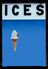 Load image into Gallery viewer, Photograph by Richard Heeps.  At the top black letters spell out ICES and below is depicted a 99 icecream cone sitting left of centre against a Baby Blue coloured background.  
