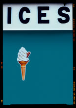 Load image into Gallery viewer, Photograph by Richard Heeps.  At the top black letters spell out ICES and below is depicted a 99 icecream cone sitting left of centre against a blue teal coloured background.  