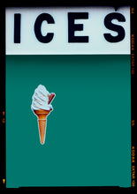 Load image into Gallery viewer, Photograph by Richard Heeps.  At the top black letters spell out ICES and below is depicted a 99 icecream cone sitting left of centre against a deep green teal coloured background.  