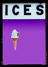 Load image into Gallery viewer, Photograph by Richard Heeps.  At the top black letters spell out ICES and below is depicted a 99 icecream cone sitting left of centre against a lilac coloured background.  