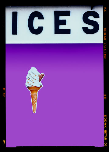 Photograph by Richard Heeps.  At the top black letters spell out ICES and below is depicted a 99 icecream cone sitting left of centre against a lilac coloured background.  