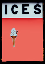 Load image into Gallery viewer, Photograph by Richard Heeps.  At the top black letters spell out ICES and below is depicted a 99 icecream cone sitting left of centre against a melondrama red orange coloured background.  