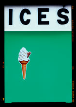 Load image into Gallery viewer, Photograph by Richard Heeps.  Black letters spell out ICES and below is depicted a 99 icecream cones sitting left of centre against a viridian green coloured background. 