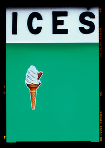 Photograph by Richard Heeps.  Black letters spell out ICES and below is depicted a 99 icecream cones sitting left of centre against a viridian green coloured background. 