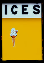 Load image into Gallery viewer, Photograph by Richard Heeps.  At the top black letters spell out ICES and below is depicted a 99 icecream cone sitting left of centre against a mustard yellow coloured background.  