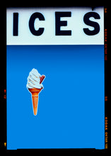 Load image into Gallery viewer, Photograph by Richard Heeps.  At the top black letters spell out ICES and below is depicted a 99 icecream cone sitting left of centre against a sky blue coloured background.  