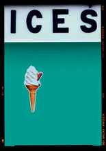 Load image into Gallery viewer, Photograph by Richard Heeps.  At the top black letters spell out ICES and below is depicted a 99 icecream cone sitting left of centre against a Turquoise Teal coloured background.  