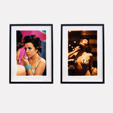 Load image into Gallery viewer, Two backstage burlesque photographs by Richard Heeps framed in black.