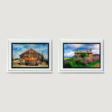 Load image into Gallery viewer, Two white framed landscape photographs Model T and Garage Aspen Farm by Richard Heeps