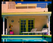 Load image into Gallery viewer, Photograph by Richard Heeps. Palm Springs Pool Side II showcases classic mid-century Palm Springs California architecture. Cool blue skies and pool with accents of pink and almost neon yellow. 