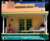 Photograph by Richard Heeps. Palm Springs Pool Side II showcases classic mid-century Palm Springs California architecture. Cool blue skies and pool with accents of pink and almost neon yellow. 