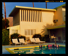 Load image into Gallery viewer, Photograph by Richard Heeps. Palm Springs Poolside, classic mid-century Palm Springs architecture, featuring cool blue skies and pool.