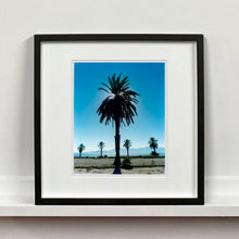 Load image into Gallery viewer, Palm Tree silhouette against blue California sky Salton Sea small black frame photograph by Richard Heeps