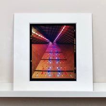 Load image into Gallery viewer, Mounted photograph by Richard Heeps. Stained glass windows on the interior of San Giovanni Bono Church, a concrete brutalist building in Milan by Italian architect Arrigo Arrighetti. 