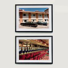 Load image into Gallery viewer, Two black framed photographs by Richard Heeps. Both retro photograph, one  has two classic Lincoln cars parked outside a hotel in Las Vegas. The other is a row of slot machines with a rows of neatly lined stools, taken in a Las Vegas casino.