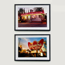 Load image into Gallery viewer, Two Black framed photographs by Richard Heeps. The top one depicts a one storey small building &quot;Dot&#39;s Diner&quot; brightly lit with a pink roof, with Hamburgers, Hot Dogs, Shakes, Fries written along the top of the building. The bottom photograph is the outside of LaConcha Motel which is written in a big red sign with golden writing, below the sign is VACANCY written in red, below this sits a sign for Budget rent a car.