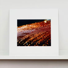 Load image into Gallery viewer, Mounted photograph by Richard Heeps. The photograph is of a brown metal surface with water droplets on. The lighting makes the droplets appear in different colours of orange and brown.
