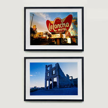 Load image into Gallery viewer, Two black framed photograph by Richard Heeps. The top photograph is of the outside of La Concha Motel. The gold flamboyant La Concha lettering is set on a big red background. Below the motel sign is NO VACANCY with just VACANCY lit in red, below this sits a sign for Budget rent a car. Other signs and palm trees are the background together with a blue sky. The bottom photograph is the derelict Cook Bank Building the remnants of which sits derelict alone, surrounded by rubble and gravel in a blue light.