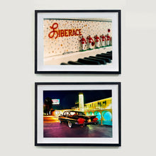 Load image into Gallery viewer, 2 black framed photographs by Richard Heeps. The top one is a close up of Liberace&#39;s piano. This captures the black keys and the fall board which is decorated with crystals and red buttons spelling out Liberace in capitals. There are also 5 red and white metal soldiers positioned marching along the rim. The bottom one is a Chevy Bel Air which is central shot and off to the right are the pools and balcony of the Glass Pool Motel, Las Vegas.