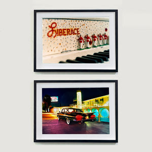 2 black framed photographs by Richard Heeps. The top one is a close up of Liberace's piano. This captures the black keys and the fall board which is decorated with crystals and red buttons spelling out Liberace in capitals. There are also 5 red and white metal soldiers positioned marching along the rim. The bottom one is a Chevy Bel Air which is central shot and off to the right are the pools and balcony of the Glass Pool Motel, Las Vegas.