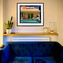 Load image into Gallery viewer, In situ photograph by Richard Heeps. Palm Springs Pool Side II showcases classic mid-century Palm Springs California architecture. Cool blue skies and pool with accents of pink and almost neon yellow. 