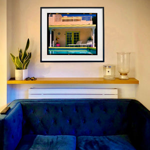 In situ photograph by Richard Heeps. Palm Springs Pool Side II showcases classic mid-century Palm Springs California architecture. Cool blue skies and pool with accents of pink and almost neon yellow. 