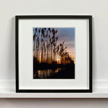 Load image into Gallery viewer, Black framed photograph by Richard Heeps. Reeds stand tall and reflect down onto the water with a setting sun behind them.