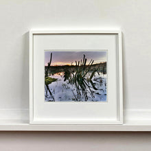 Load image into Gallery viewer, White framed photograph by Richard Heeps. Photograph of cut down, lichen clad branches poking out of the flooded fen field. The branches are strikingly dark and create dark reflections with a golden sunset in the background.