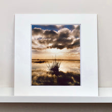 Load image into Gallery viewer, Mounted photograph by Richard Heeps. A tussock of grass sits at dusk in fenland water. It is siting under black and white cloud formations with a golden dusk hue.