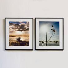 Load image into Gallery viewer, Two black framed photographs by Richard Heeps. The photograph on the left side features a tussock of grass sitting at dusk in fenland water. It is siting under a black and white cloud formation with a golden dusk hue. The photograph on the right side is a teasel in the grey reflective water, bathed in the rays of a white cloud.