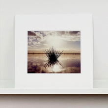 Load image into Gallery viewer, Mounted photograph by Richard Heeps. A tussock is central to this photograph, black and reflected black into the fenland water below. The sky behind is dusky and atmospheric.
