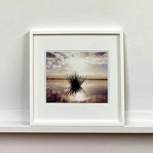 Load image into Gallery viewer, White framed photograph by Richard Heeps. A tussock is central to this photograph, black and reflected black into the fenland water below. The sky behind is dusky and atmospheric.