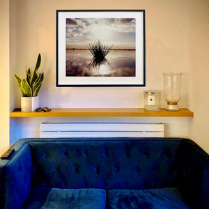 In situ photograph by Richard Heeps. A tussock is central to this photograph, black and reflected black into the fenland water below. The sky behind is dusky and atmospheric.