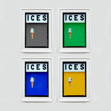 Load image into Gallery viewer, Set of four (2x2) white framed photographs by Richard Heeps.  Four identical photographs (apart from the block colour), at the top black letters spell out ICES and below is depicted a 99 icecream cone sitting left of centre set against, in turn, grey, green, blue, mustard yellow coloured background.  
