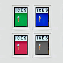 Load image into Gallery viewer, Set of four (2x2) white framed photographs by Richard Heeps.  Four identical photographs (apart from the block colour), at the top black letters spell out ICES and below is depicted a 99 icecream cone sitting left of centre set against, in turn, a green, purple, raspberry and grey coloured background.  